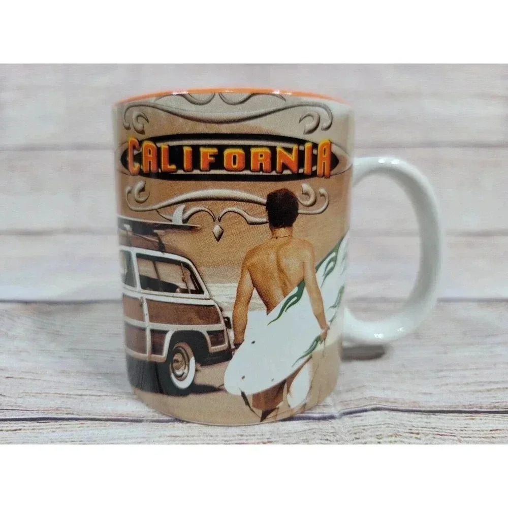 California Surf's Up Coffee Cup Mug Ceramic Orange Brown Waves Beach Woody